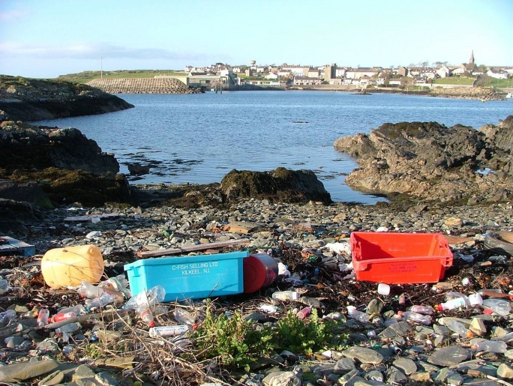 Trash on a beach near the harbor, Ardglass